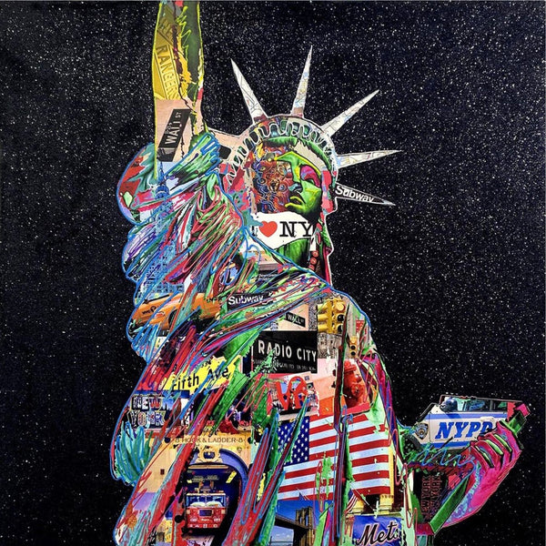 A brightly USA themed collage, depicting the Stature of Liberty, against a glitter black background