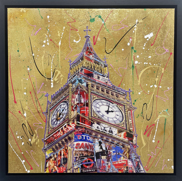 London's Iconic Big ben, created using London images, on a gold leaf background. With hand embellished detail.